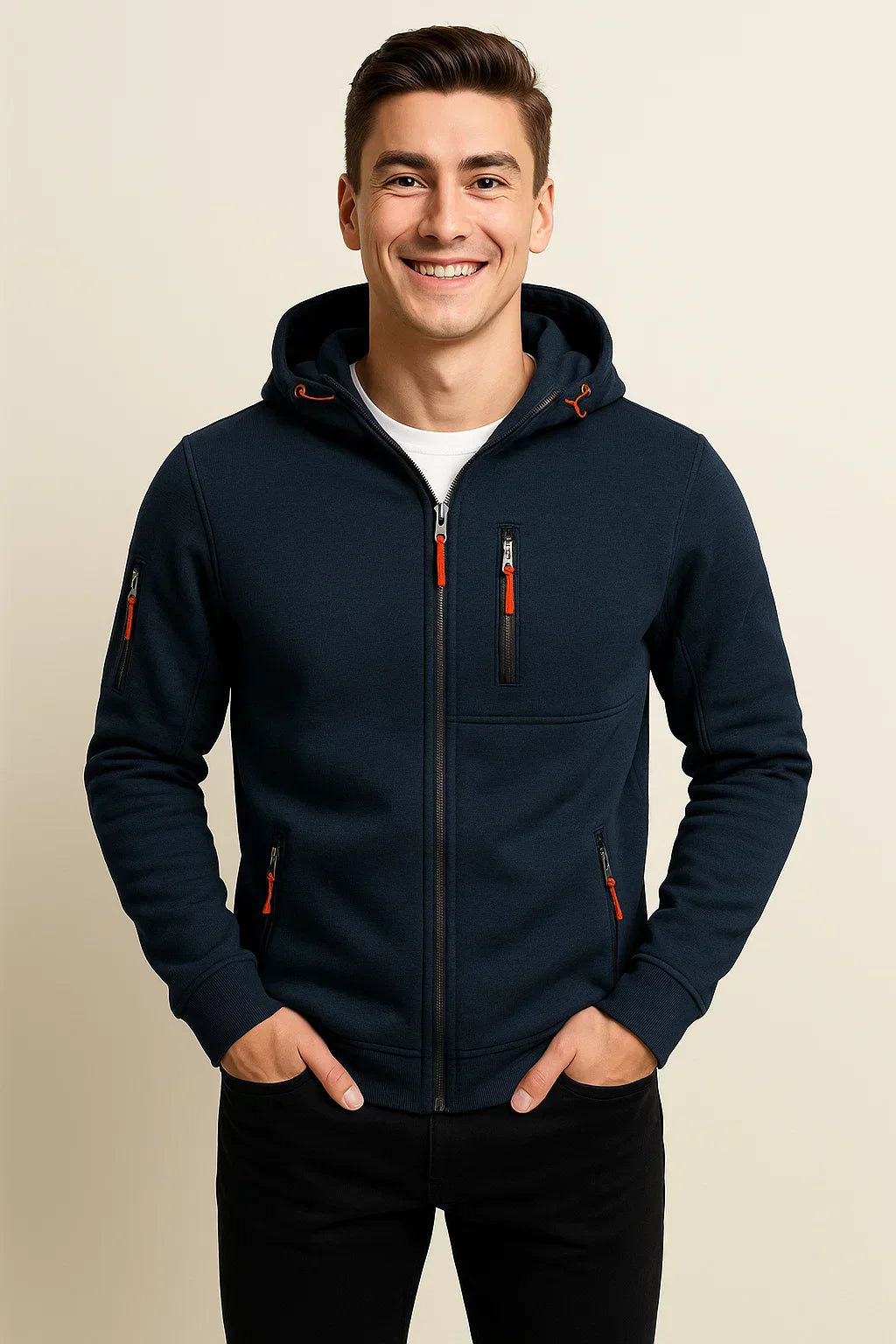 Men's Zip Hoodie with Multiple Pockets & Stylish Contrast Zipper - Comfortable & Versatile Outerwear