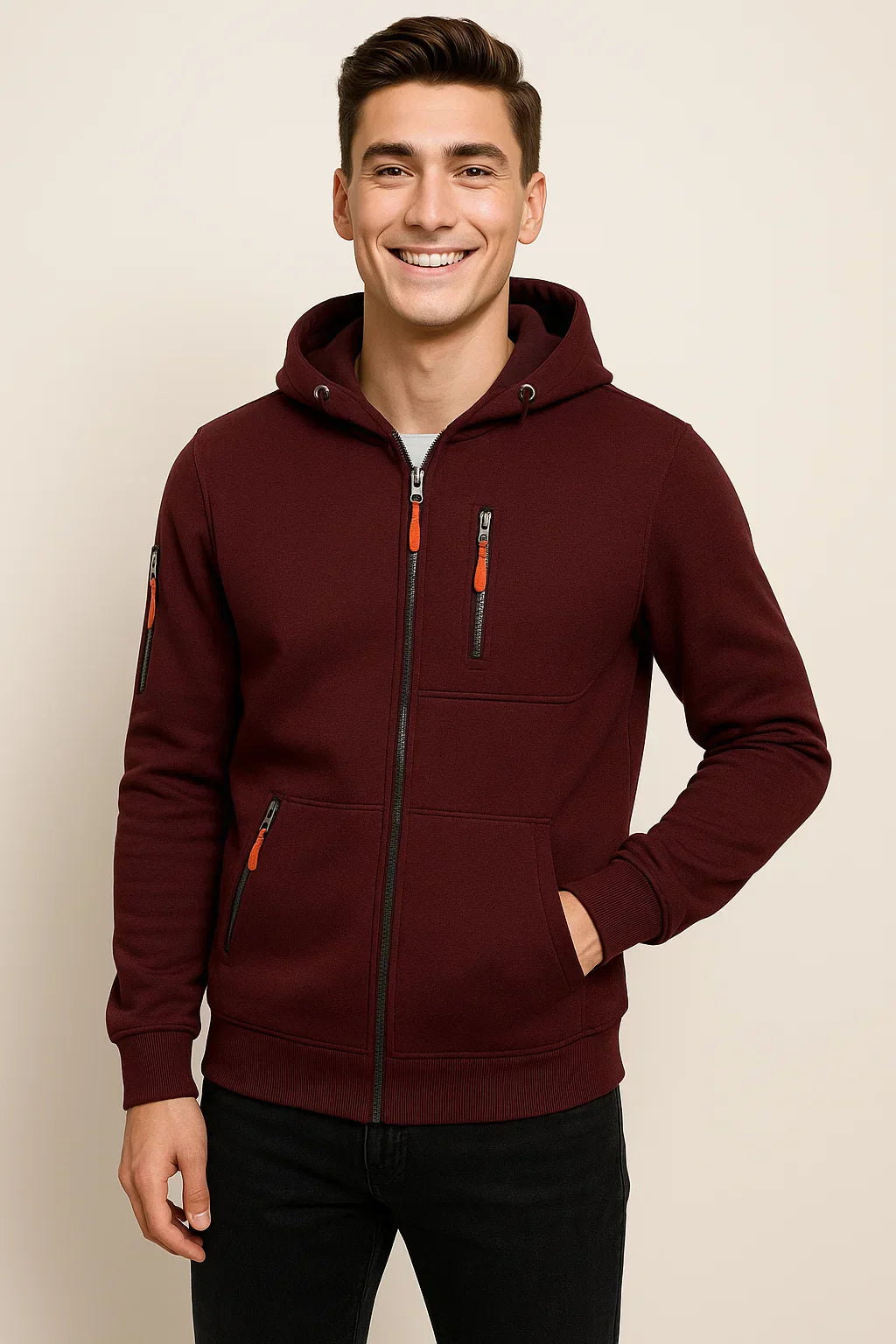 Men's Zip Hoodie with Multiple Pockets & Stylish Contrast Zipper - Comfortable & Versatile Outerwear