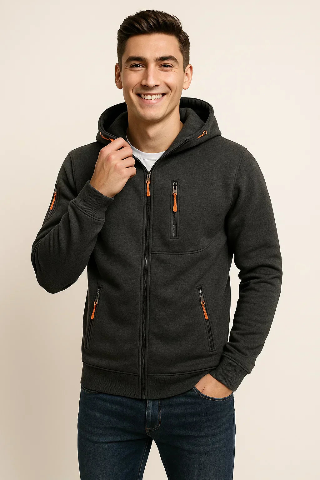 Men's Zip Hoodie with Multiple Pockets & Stylish Contrast Zipper - Comfortable & Versatile Outerwear