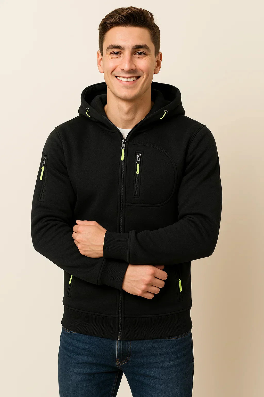 Men's Zip Hoodie with Multiple Pockets & Stylish Contrast Zipper - Comfortable & Versatile Outerwear
