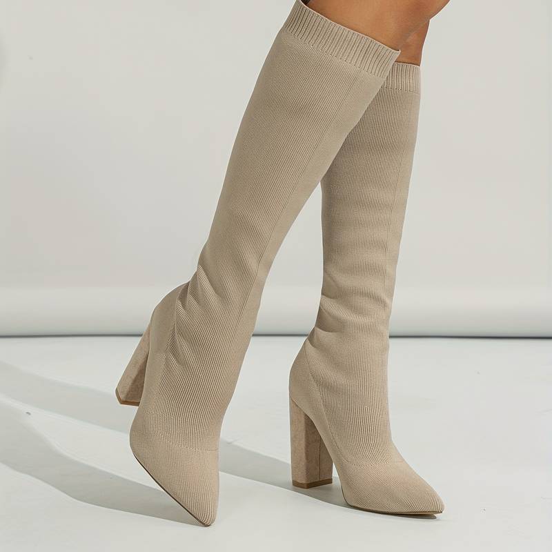 Women's Knee-High Sock Boots - Stylish Pointed Toe & Comfortable Block Heel Footwear