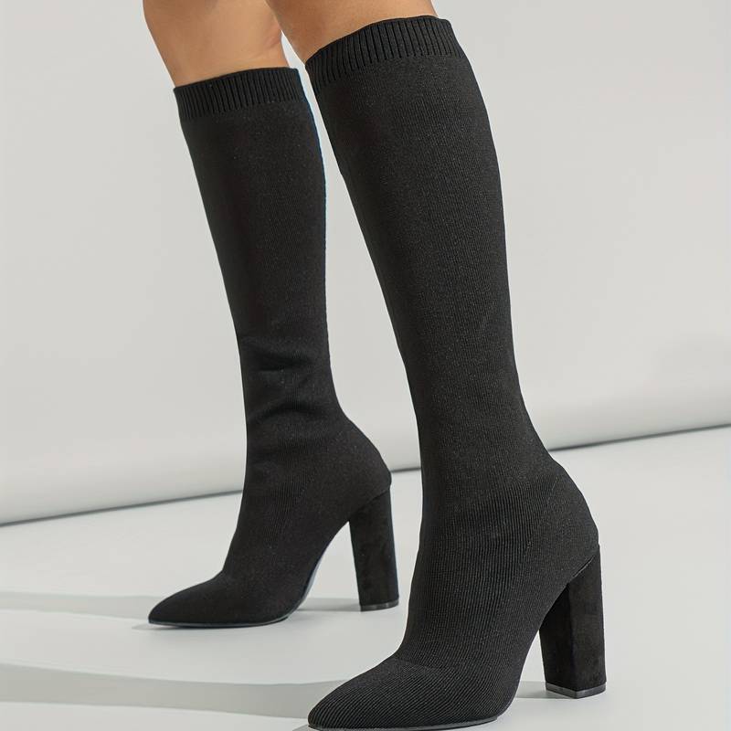 Women's Knee-High Sock Boots - Stylish Pointed Toe & Comfortable Block Heel Footwear