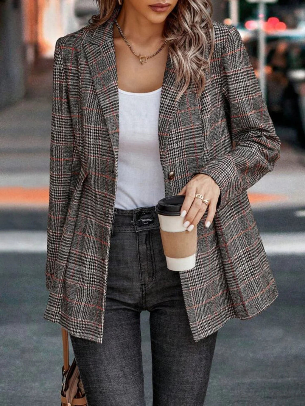Elegant Tailored Plaid Blazer Jacket for Women | Stylish & Versatile Outerwear