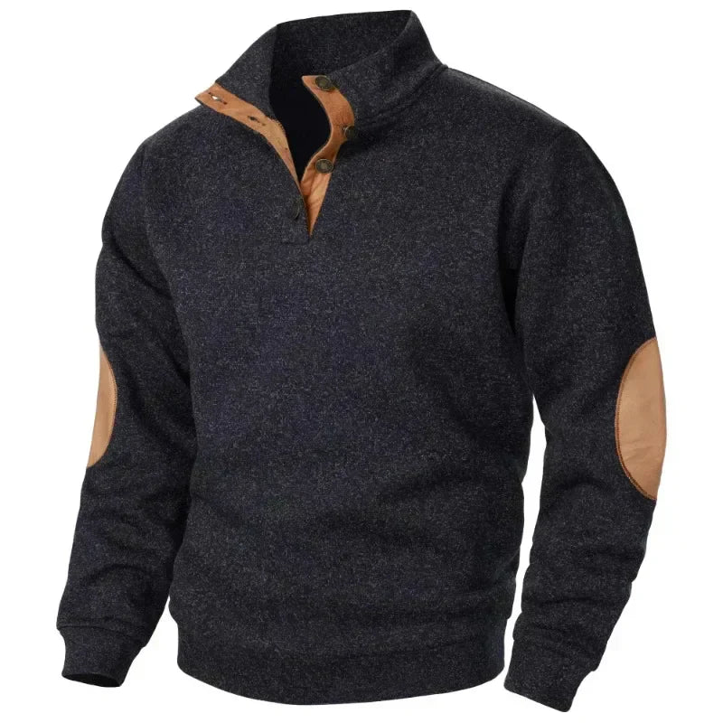 Men's Stand Collar Button Neck Jumper with Elbow Patches - Stylish Knit Sweater for Casual Wear