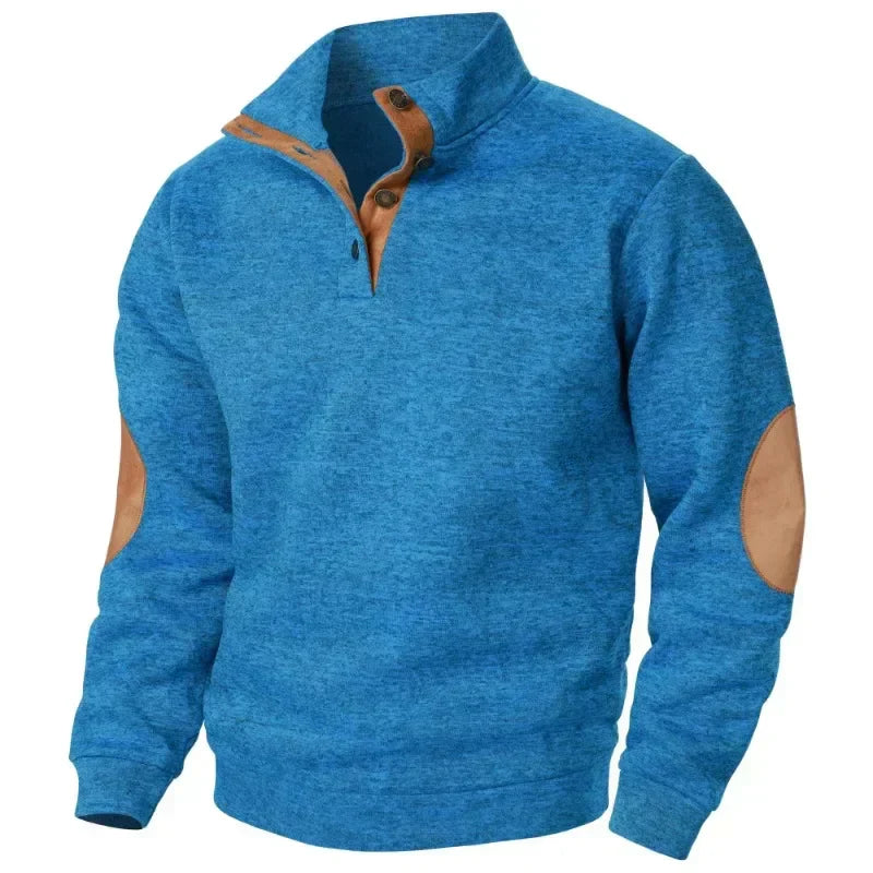 Men's Stand Collar Button Neck Jumper with Elbow Patches - Stylish Knit Sweater for Casual Wear