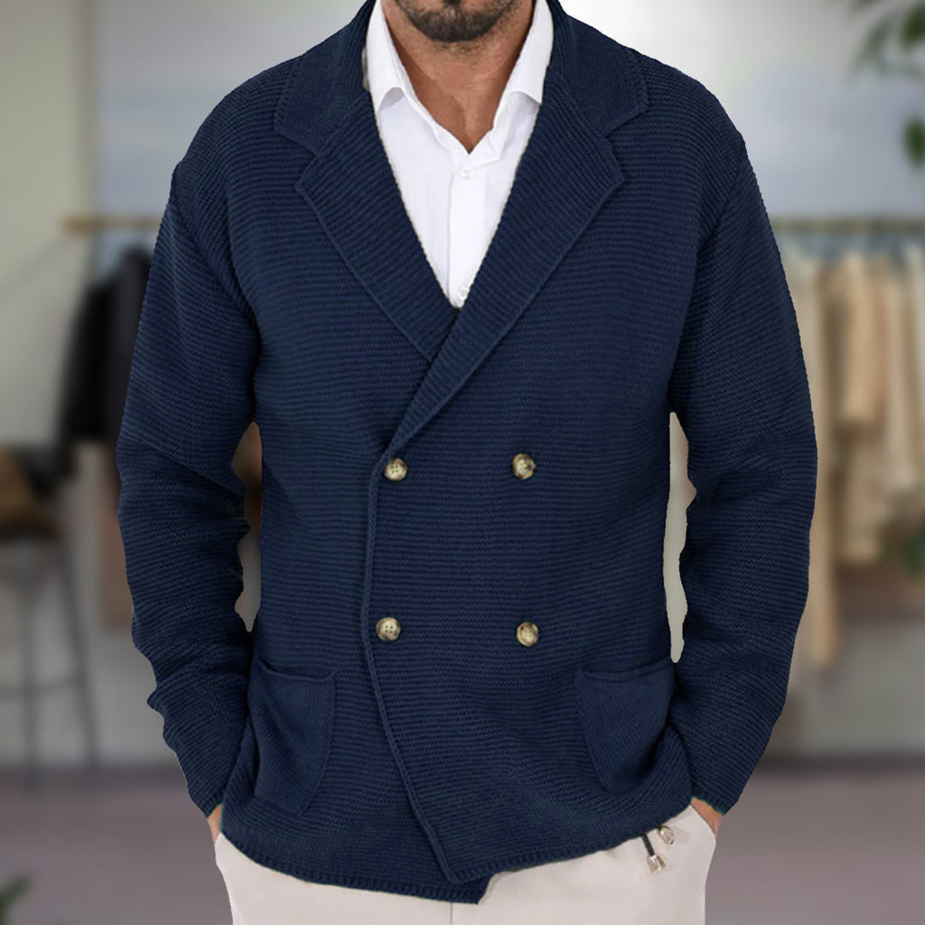 Men's Double-Breasted Knit Cardigan with Blazer Lapel - Stylish & Comfortable Outerwear for Every Occasion