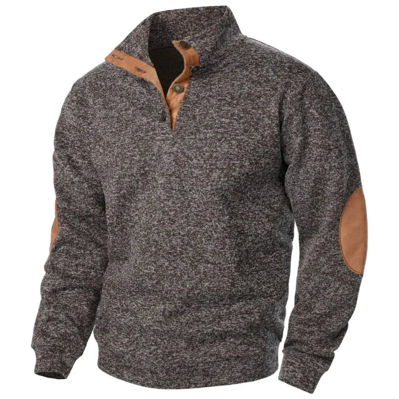 Men's Stand Collar Button Neck Jumper with Elbow Patches - Stylish Knit Sweater for Casual Wear