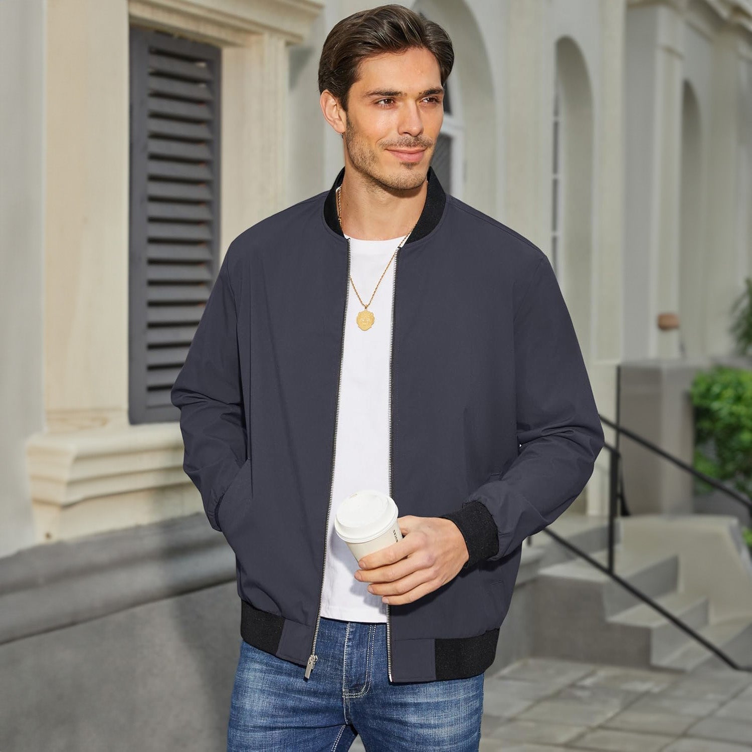 Men's Lightweight Bomber Jacket - Stylish Windbreaker with Pockets for Versatile Outdoor Wear