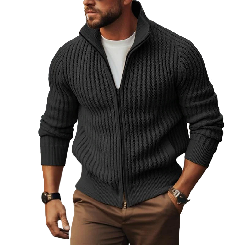 Men's Fitted Ribbed Zip-Up Cardigan with Stand Collar - Stylish & Comfortable Knitwear