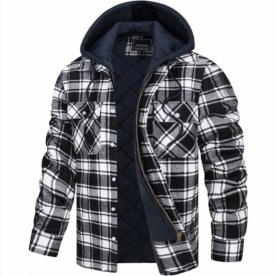 Men's Quilted Lined Plaid Hooded Bomber Jacket - Stylish & Warm Outerwear for Fall/Winter
