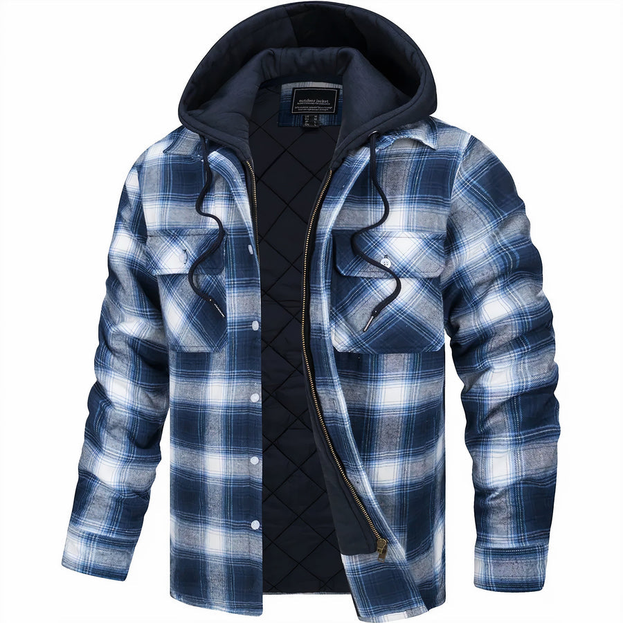 Men's Quilted Lined Plaid Hooded Bomber Jacket - Stylish & Warm Outerwear for Fall/Winter