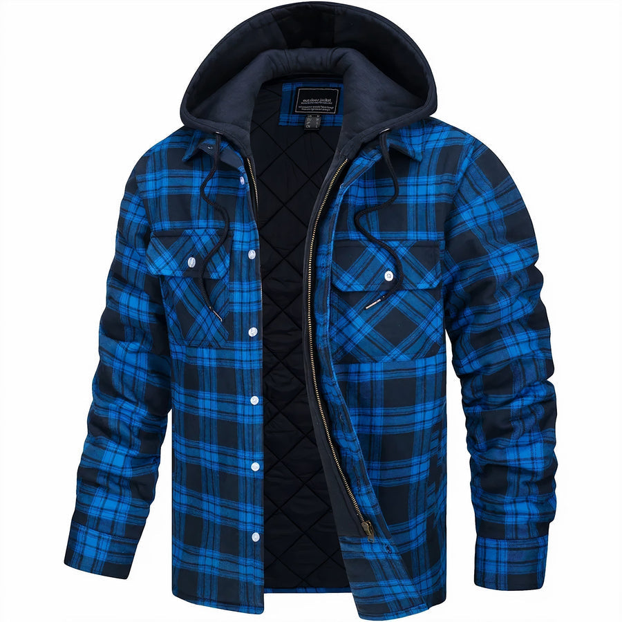 Men's Quilted Lined Plaid Hooded Bomber Jacket - Stylish & Warm Outerwear for Fall/Winter