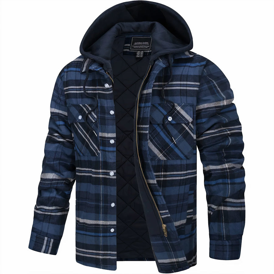 Men's Quilted Lined Plaid Hooded Bomber Jacket - Stylish & Warm Outerwear for Fall/Winter