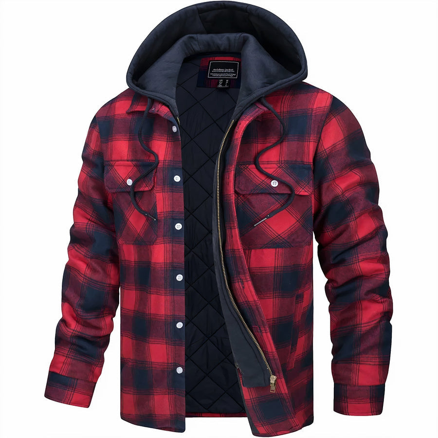 Men's Quilted Lined Plaid Hooded Bomber Jacket - Stylish & Warm Outerwear for Fall/Winter