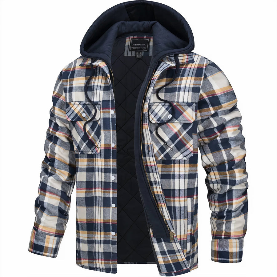Men's Quilted Lined Plaid Hooded Bomber Jacket - Stylish & Warm Outerwear for Fall/Winter