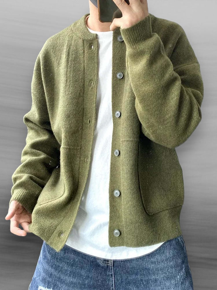Men's Casual Button-Up Cardigan with Bomber Collar & Pockets - Stylish Lightweight Knit Sweater for Everyday Wear