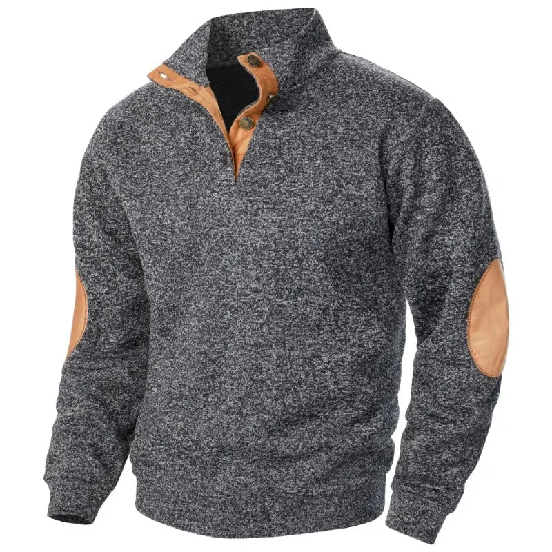 Men's Stand Collar Button Neck Jumper with Elbow Patches - Stylish Knit Sweater for Casual Wear