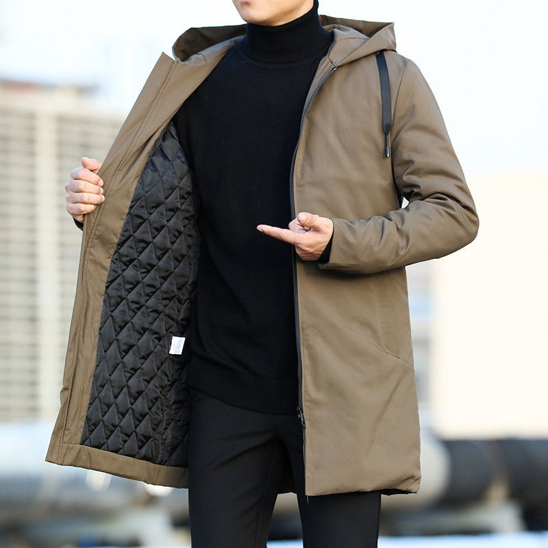 Men's Mid-Length Quilted Hooded Coat with Stylish Zip Closure - Perfect for Winter Fashion