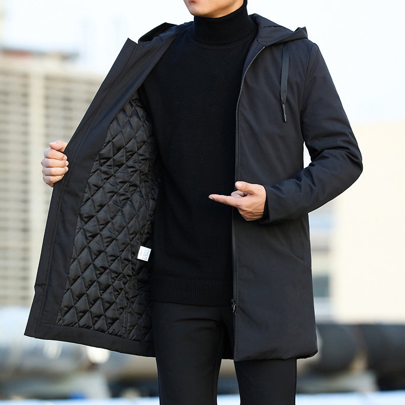 Men's Mid-Length Quilted Hooded Coat with Stylish Zip Closure - Perfect for Winter Fashion