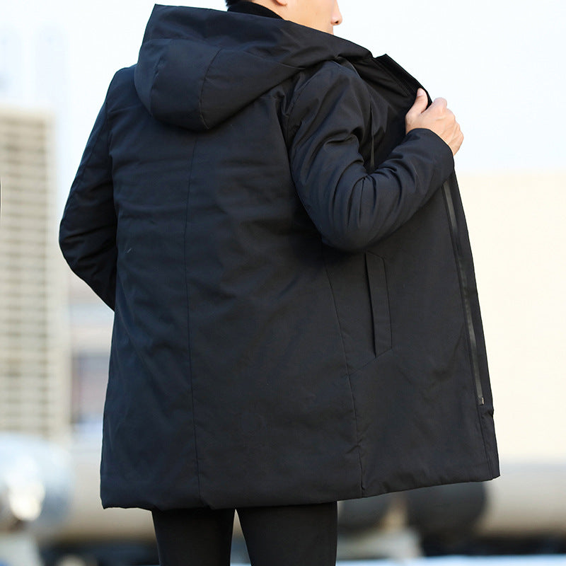 Men's Mid-Length Quilted Hooded Coat with Stylish Zip Closure - Perfect for Winter Fashion