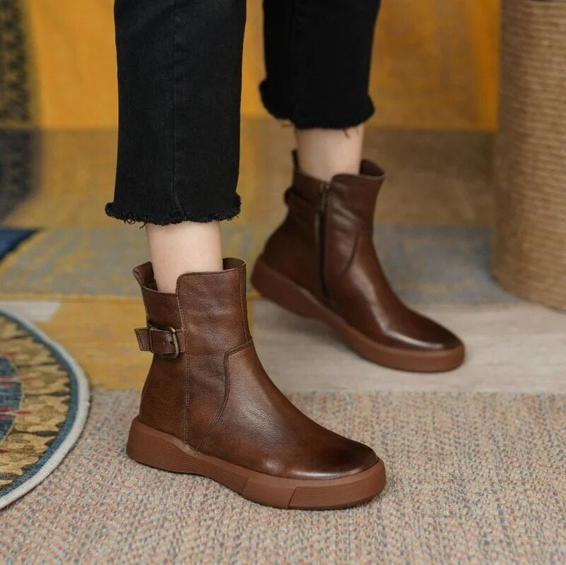Stylish Women's Mid-Ankle Boots with Side Buckle - Comfortable Flat Sole for All-Day Wear