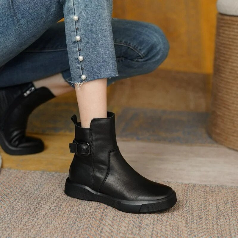 Stylish Women's Mid-Ankle Boots with Side Buckle - Comfortable Flat Sole for All-Day Wear