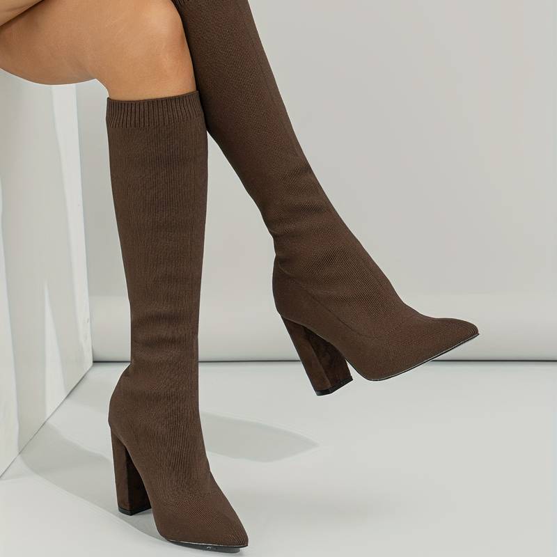 Women's Knee-High Sock Boots - Stylish Pointed Toe & Comfortable Block Heel Footwear