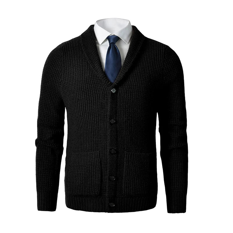 Men's Shawl Collar Button-Up Knit Cardigan with Front Pockets - Stylish & Comfortable Knitwear
