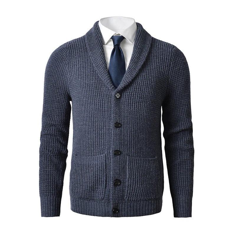 Men's Shawl Collar Button-Up Knit Cardigan with Front Pockets - Stylish & Comfortable Knitwear