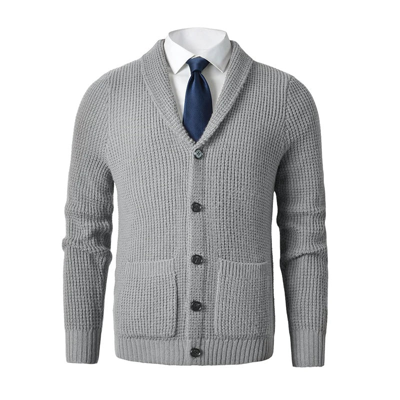 Men's Shawl Collar Button-Up Knit Cardigan with Front Pockets - Stylish & Comfortable Knitwear