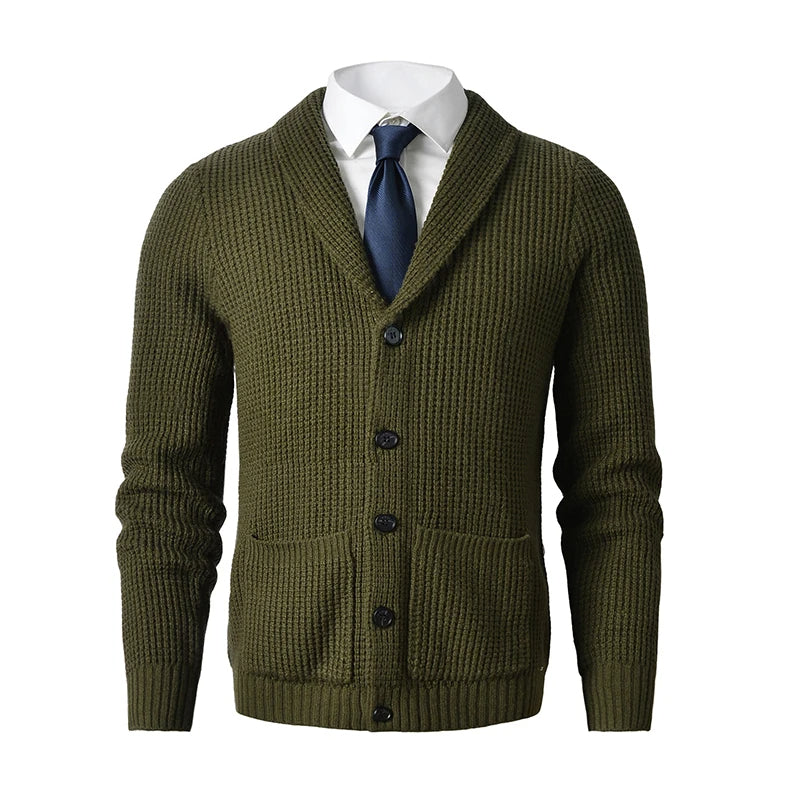 Men's Shawl Collar Button-Up Knit Cardigan with Front Pockets - Stylish & Comfortable Knitwear