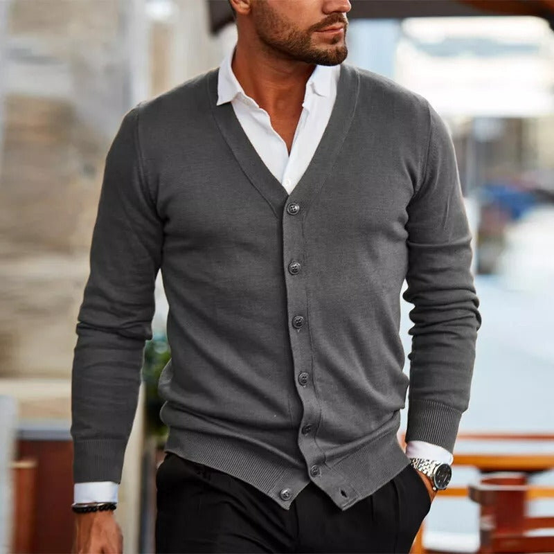 Men's Slim Fit V-Neck Cardigan - Stylish Button Front & Ribbed Hem - Perfect for Layering