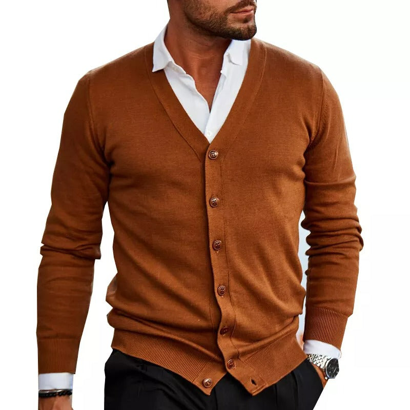 Men's Slim Fit V-Neck Cardigan - Stylish Button Front & Ribbed Hem - Perfect for Layering