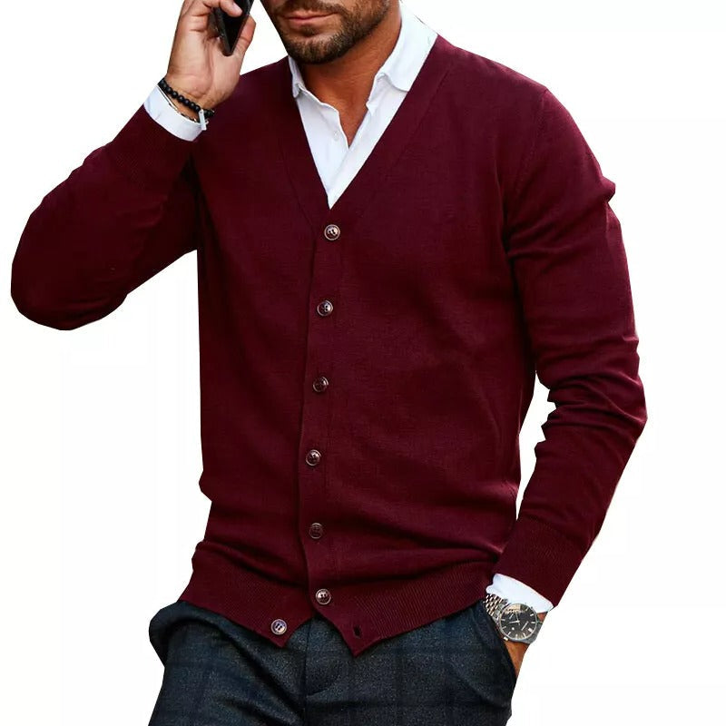 Men's Slim Fit V-Neck Cardigan - Stylish Button Front & Ribbed Hem - Perfect for Layering