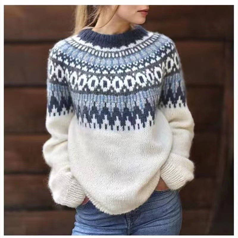 Cozy Women's Fair Isle Crewneck Jumper - Relaxed Fit Sweater for Ultimate Comfort