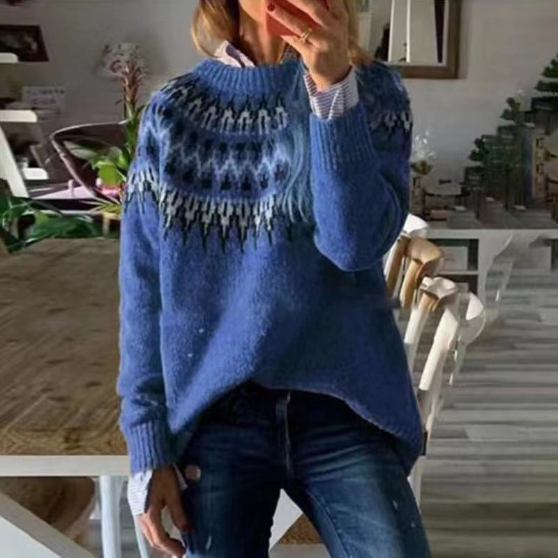 Cozy Women's Fair Isle Crewneck Jumper - Relaxed Fit Sweater for Ultimate Comfort
