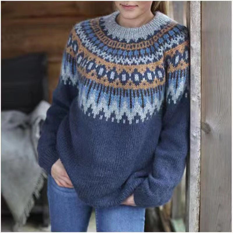 Cozy Women's Fair Isle Crewneck Jumper - Relaxed Fit Sweater for Ultimate Comfort