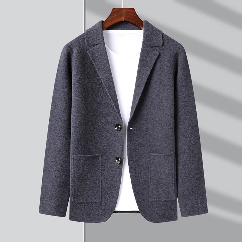 Men's Blazer-Style Cardigan with Lapel Collar & Patch Pockets - Stylish & Versatile Knit Jacket