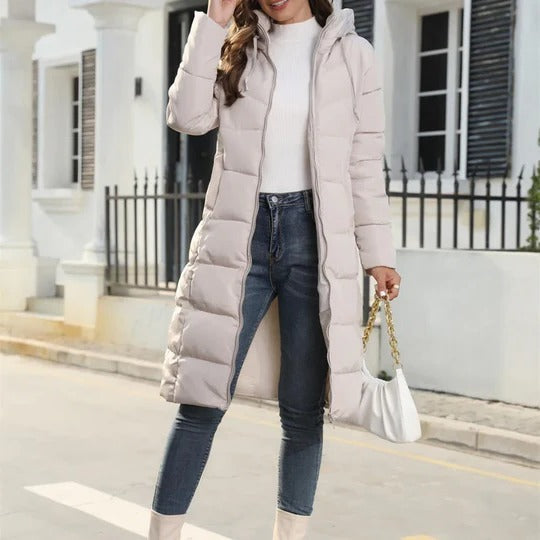 Cozy Hooded Long Down Puffer Jacket for Women - Stylish Winter Outerwear