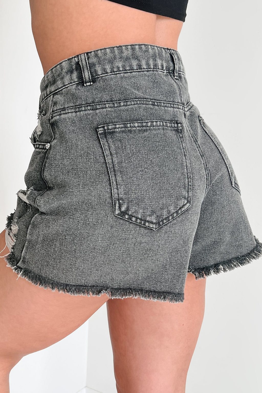 High-Waisted Distressed Black Denim Shorts