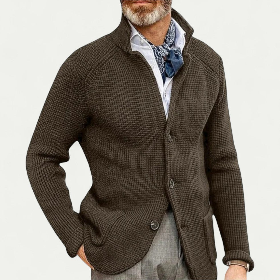 Men's Textured Knit Cardigan - Button Front, Stand Collar, Stylish & Comfortable Sweater for Casual Wear