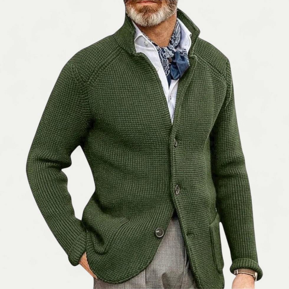 Men's Textured Knit Cardigan - Button Front, Stand Collar, Stylish & Comfortable Sweater for Casual Wear