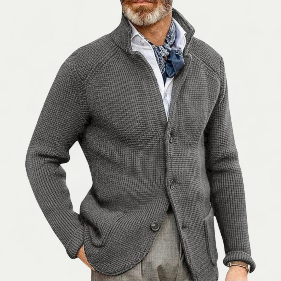 Men's Textured Knit Cardigan - Button Front, Stand Collar, Stylish & Comfortable Sweater for Casual Wear