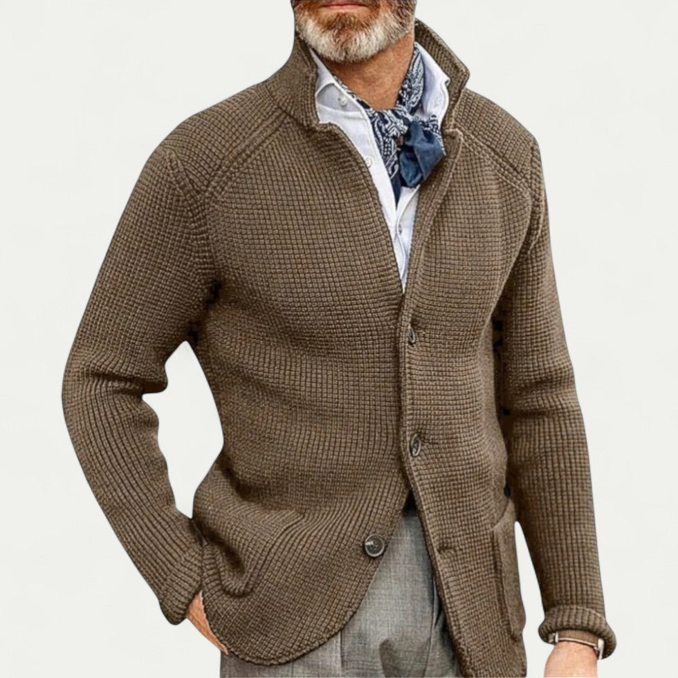Men's Textured Knit Cardigan - Button Front, Stand Collar, Stylish & Comfortable Sweater for Casual Wear