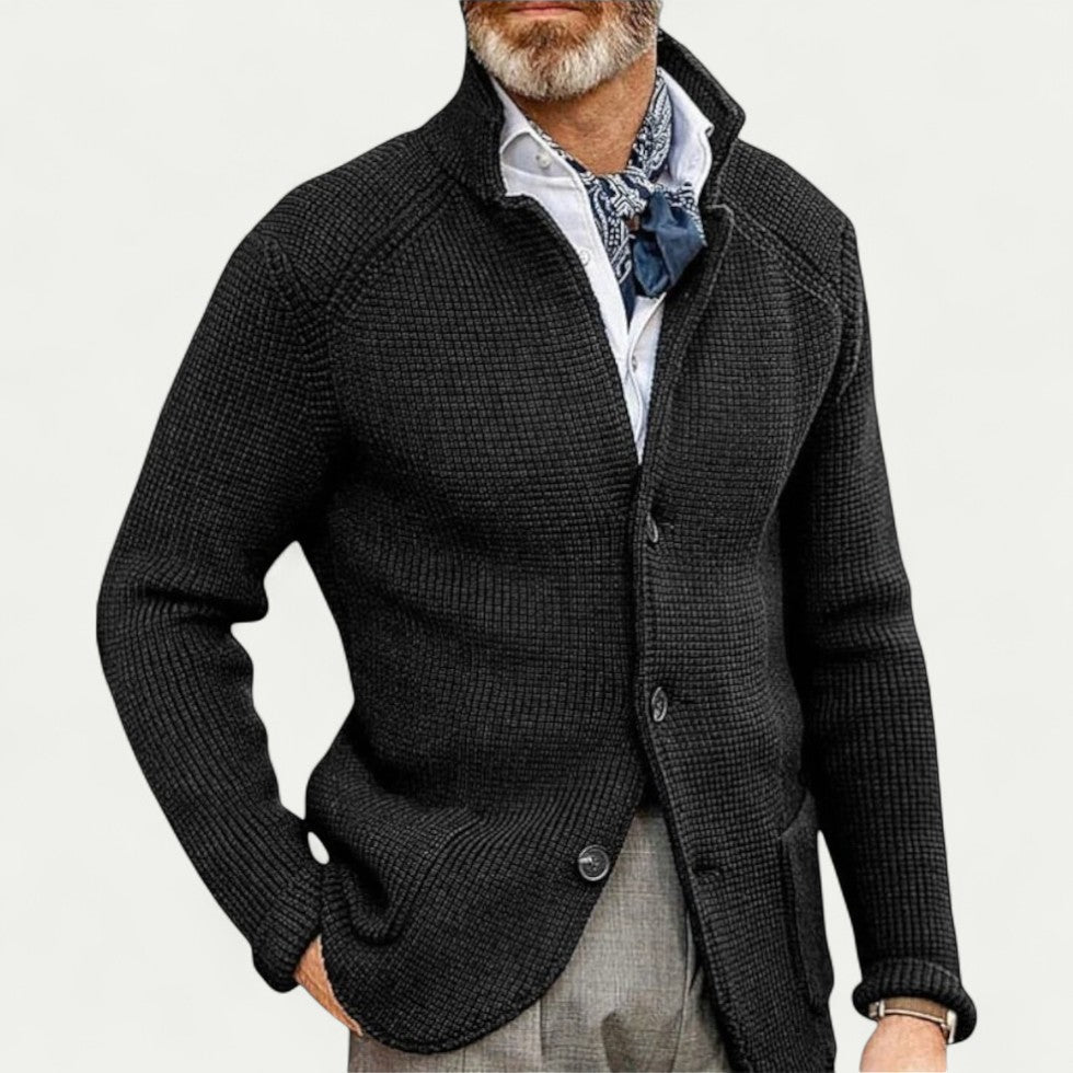 Men's Textured Knit Cardigan - Button Front, Stand Collar, Stylish & Comfortable Sweater for Casual Wear