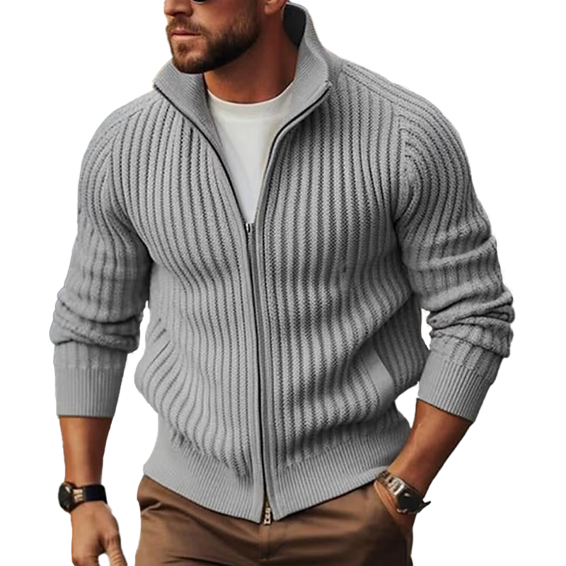 Men's Fitted Ribbed Zip-Up Cardigan with Stand Collar - Stylish & Comfortable Knitwear