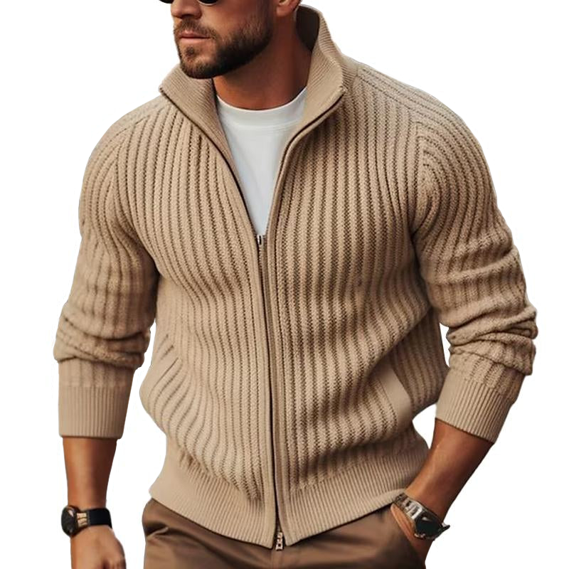 Men's Fitted Ribbed Zip-Up Cardigan with Stand Collar - Stylish & Comfortable Knitwear