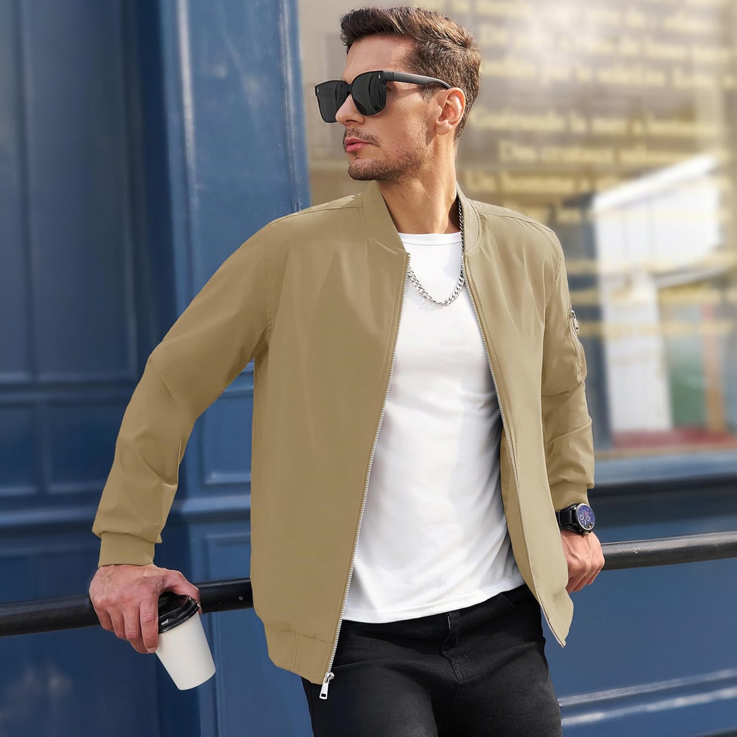 Men's Lightweight Zip-Up Bomber Jacket - Stylish Casual Windbreaker for All Seasons