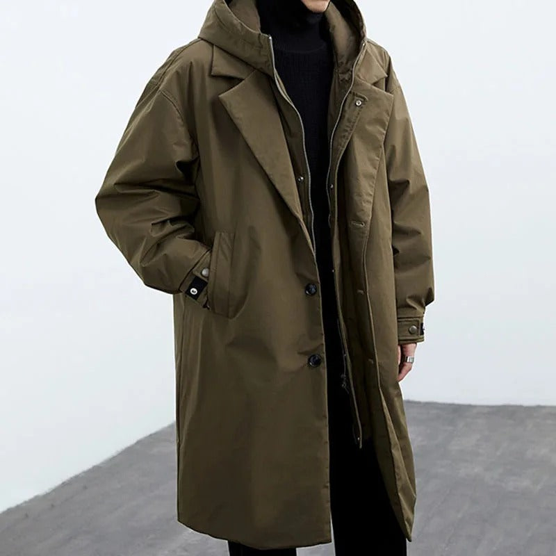 Men's Waterproof Long Puffer Trench Coat with Hood - Stylish & Warm Winter Outerwear
