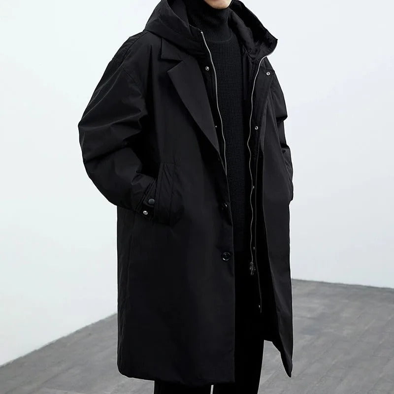 Men's Waterproof Long Puffer Trench Coat with Hood - Stylish & Warm Winter Outerwear